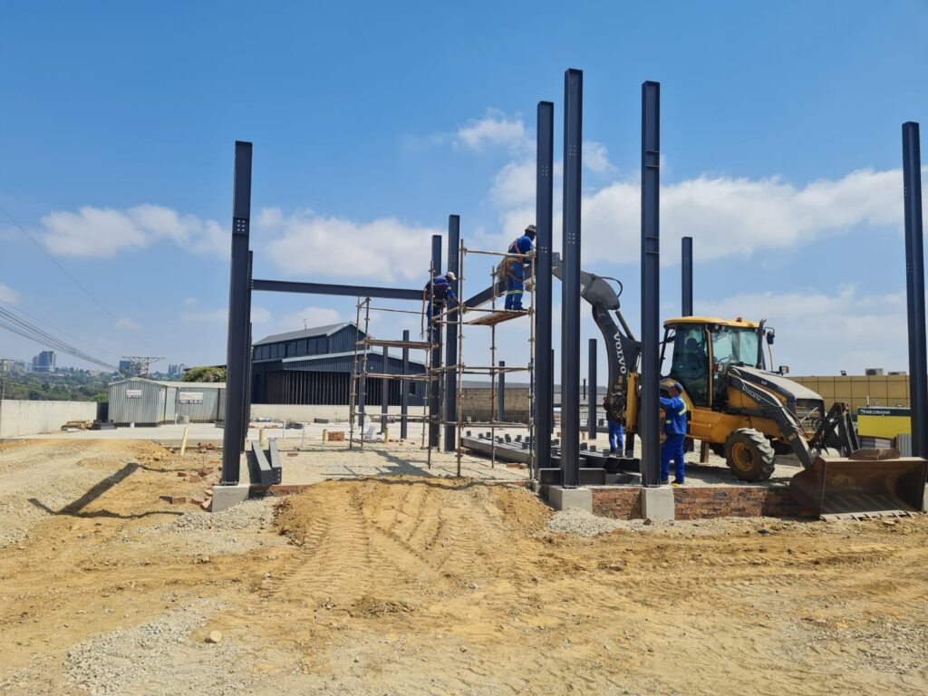 Steel frame construction in progress